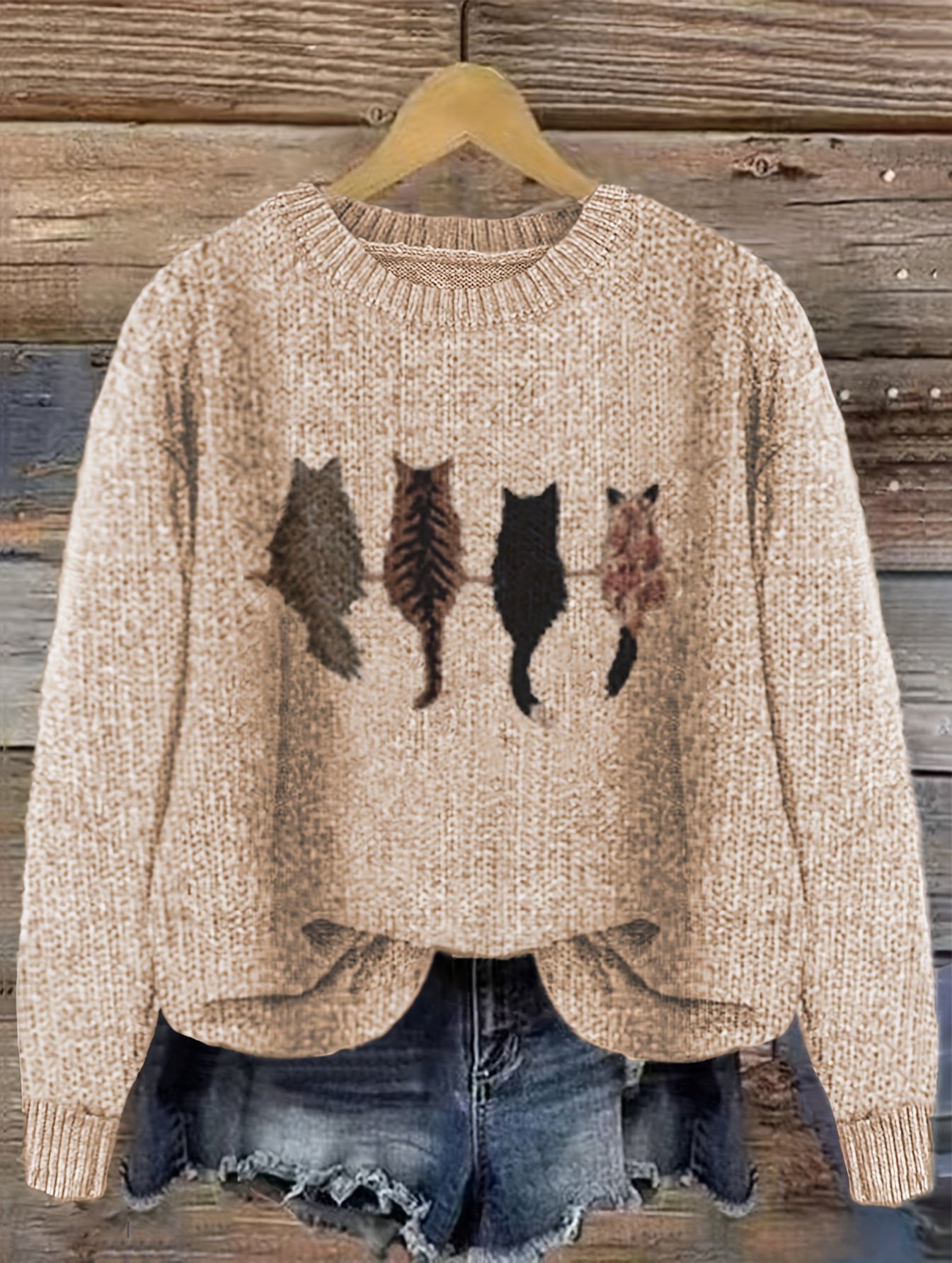 Pull en maille femme col rond à motif chats manches longues