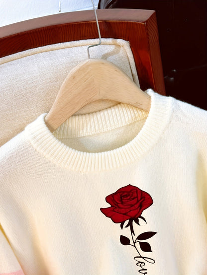Sweat-shirt bicolore blanc rose imprimé rose rouge et texte col rond