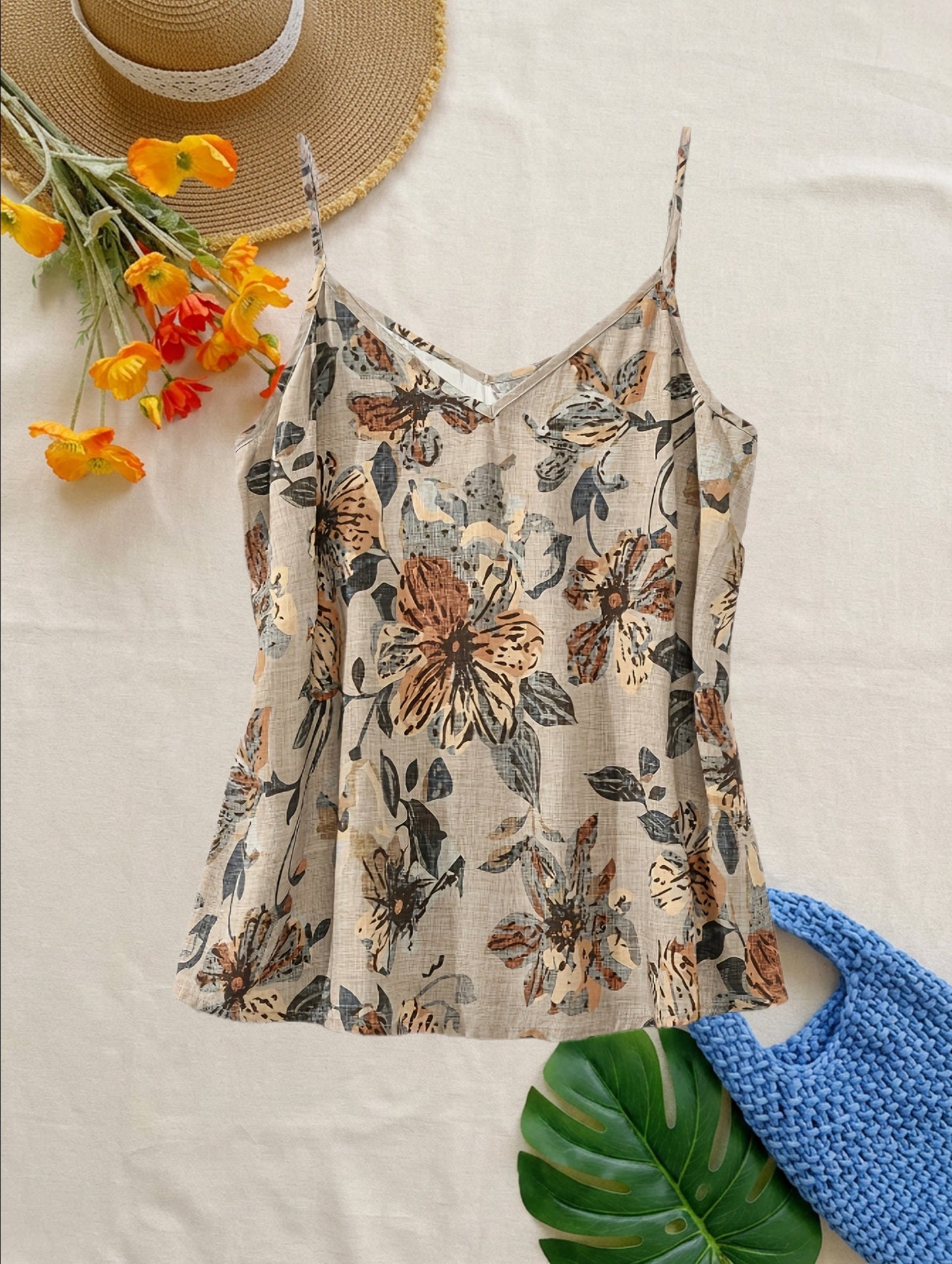 Camiseta sin mangas para mujer estilo bohemio con tirantes finos y estampado floral para verano