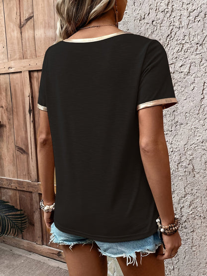 T-shirt décontracté femme à motif cœur brillant et détails métalliques – Style tendance pour sorties et quotidien