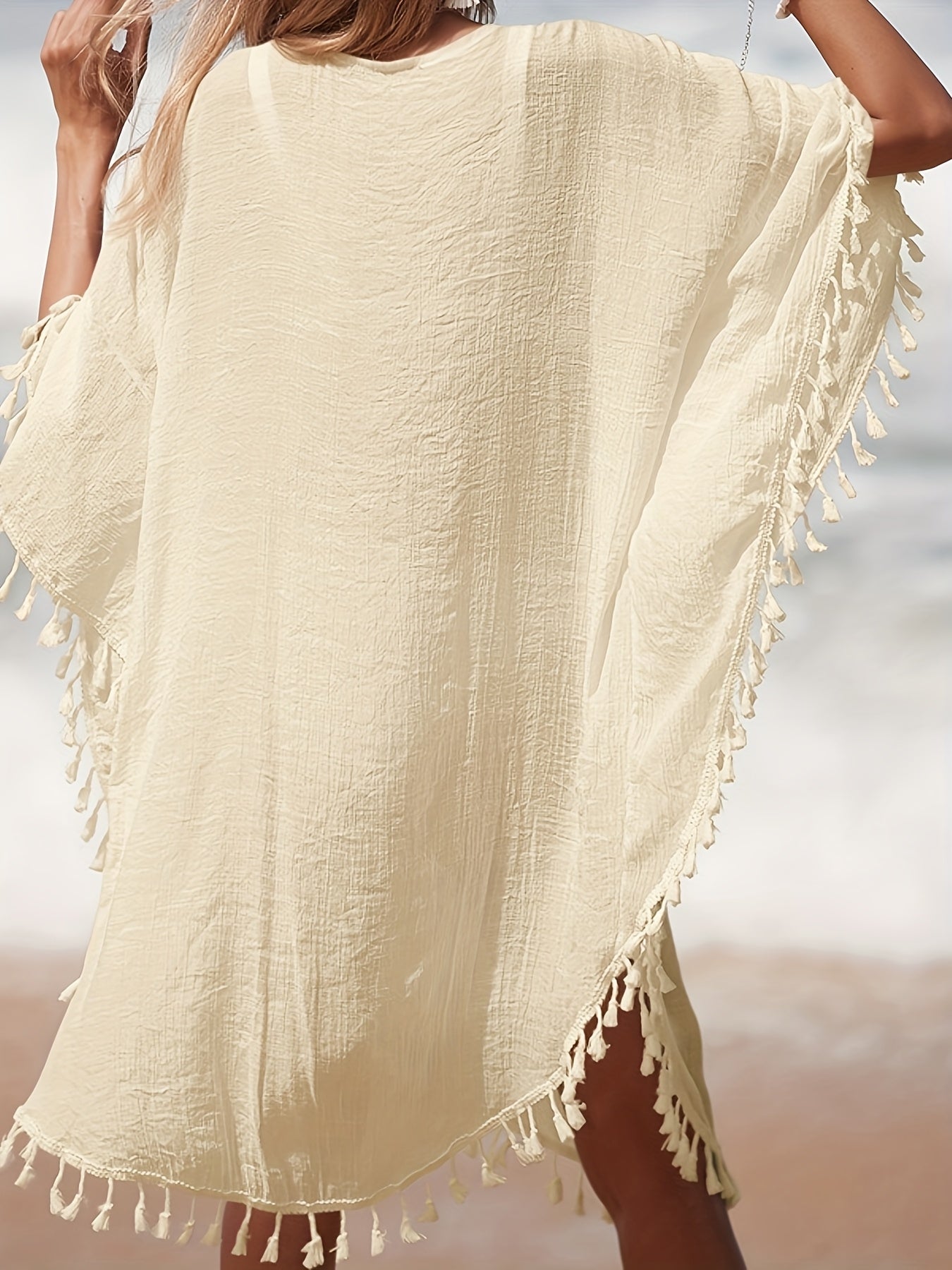 Tunique de plage femme style poncho bohème chic avec crochet et franges - idéal par-dessus maillot
