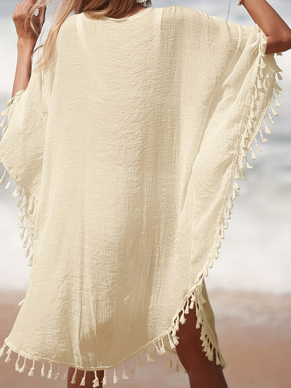 Tunique de plage femme style poncho bohème chic avec crochet et franges - idéal par-dessus maillot
