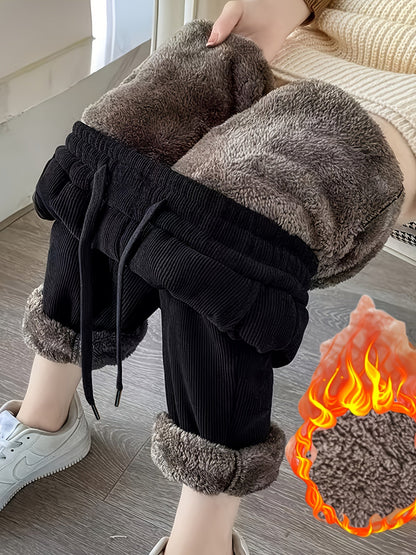 Pantalon en velours côtelé noir doublé polaire coupe ample