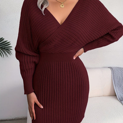 Robe pull côtelée femme décolleté V manches longues chauve-souris coupe ajustée