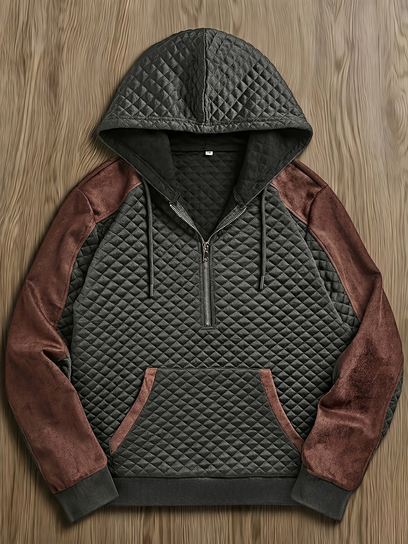 Sweat à Capuche Homme matelassé Noir Marron à Demi-Zip