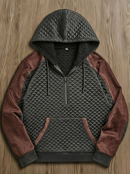 Sweat à Capuche Homme matelassé Noir Marron à Demi-Zip
