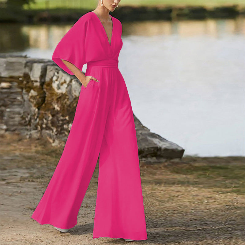 Sara – Salopette Donna Scollo a V Vita Alta Gambe Larghe