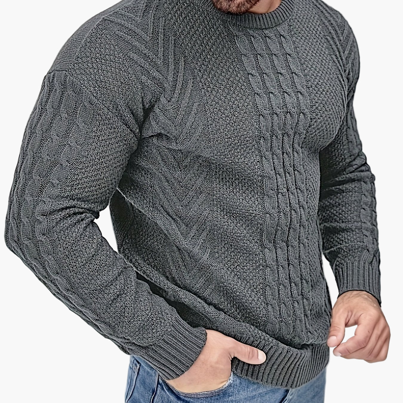 Jersey de punto trenzado para hombre estilo urbano casual – Mangas largas, elegante otoño/invierno