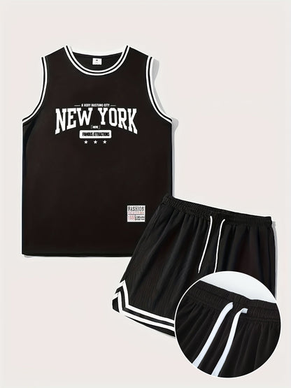 Męski zestaw sportowy w stylu koszykarskim, tank top i szorty, nadruk New York, idealny na lato i trening
