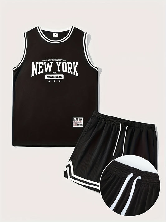 Ensemble de sport style basket pour homme, débardeur et short, imprimé New York, idéal pour l'été et l'entraînement