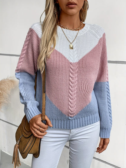 Pull en maille tressée multicolore col rond Femme