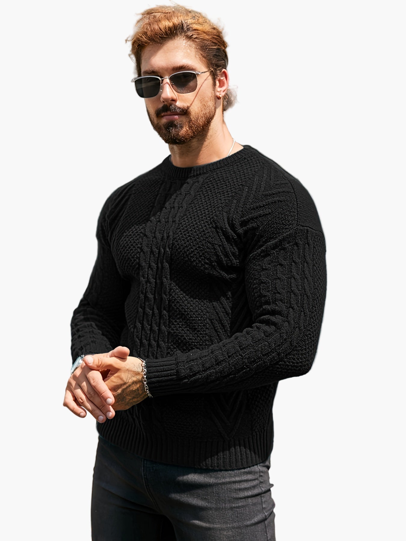 Jersey de punto trenzado para hombre estilo urbano casual – Mangas largas, elegante otoño/invierno
