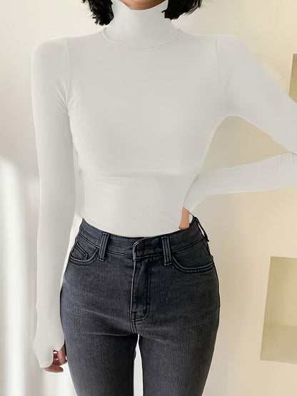 T-shirt Femme Col Roulé Manches Longues avec Trous pour Pouces Chaud Doux Couleur Unie