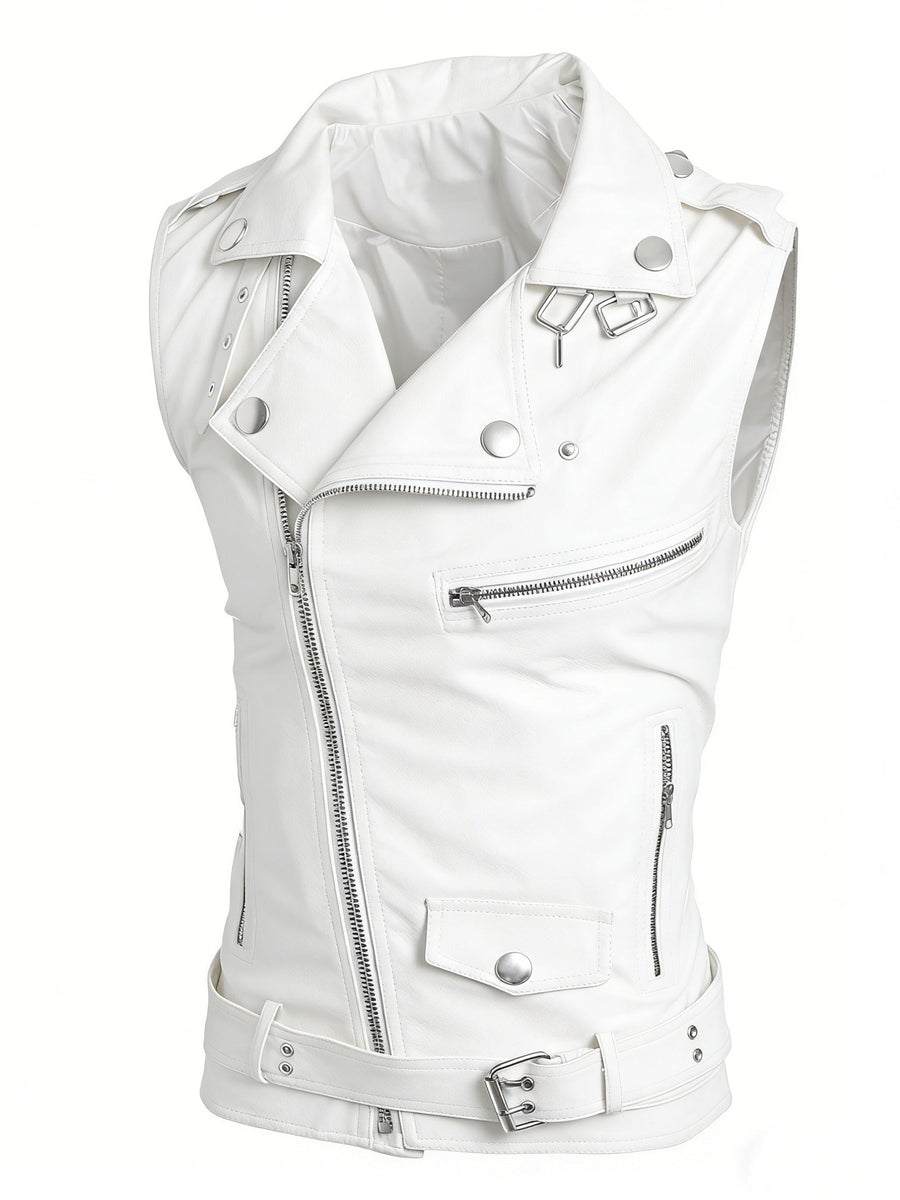 Gilet de style motard en similicuir sans manches avec fermeture éclair asymétrique