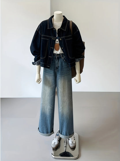 Veste en jean femme bleu foncé coupe courte et ample avec coutures apparentes