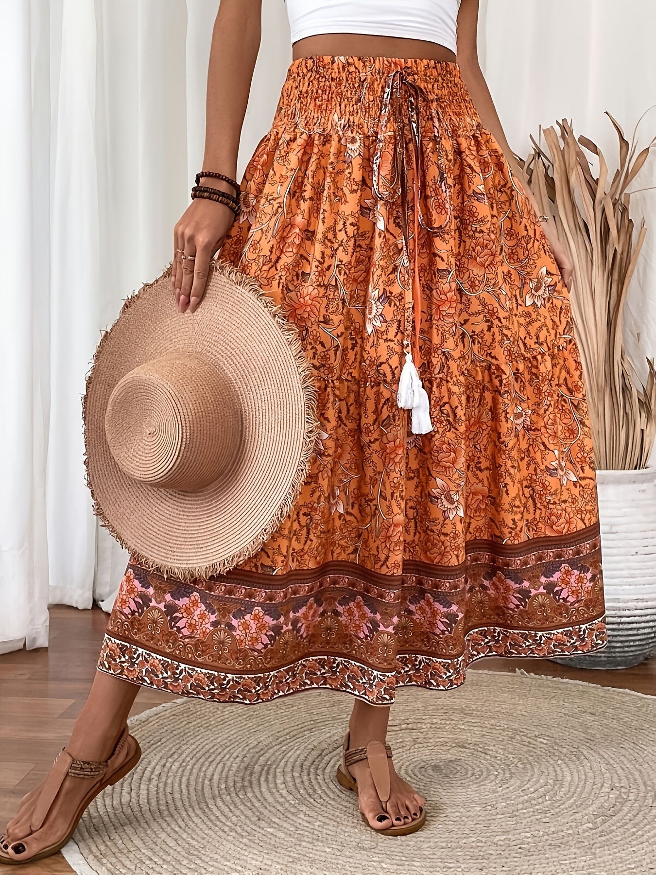 Elegant summer style women's long bohemian floral print skirt