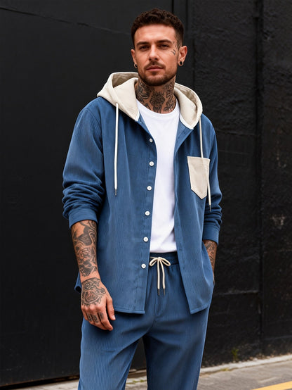 Ensemble Homme Côtelé Chemise à Capuche et Pantalon Couleur Unie