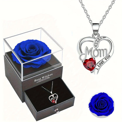 Collier Femme Pendentif Coeur 'Mom' avec Rose Éternelle – Cadeau Élégant pour la Fête des Mères