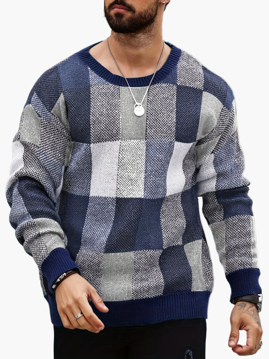 Avslappnad herrtröja med rutig design, höst/vinterstil med rund hals