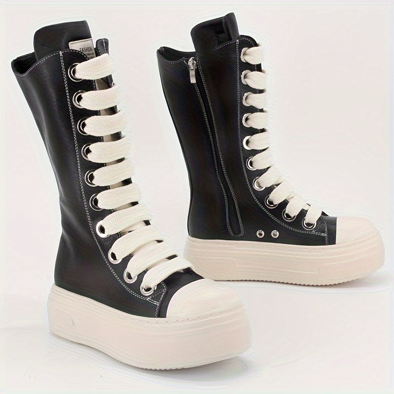 Bottes montantes noires à lacets blancs, style basket, semelle plateforme
