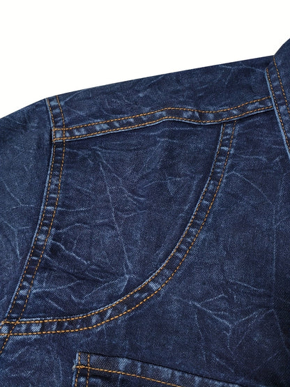 Chemise Homme Effet Délavé Bleu Foncé Manches Longues Boutons Marron