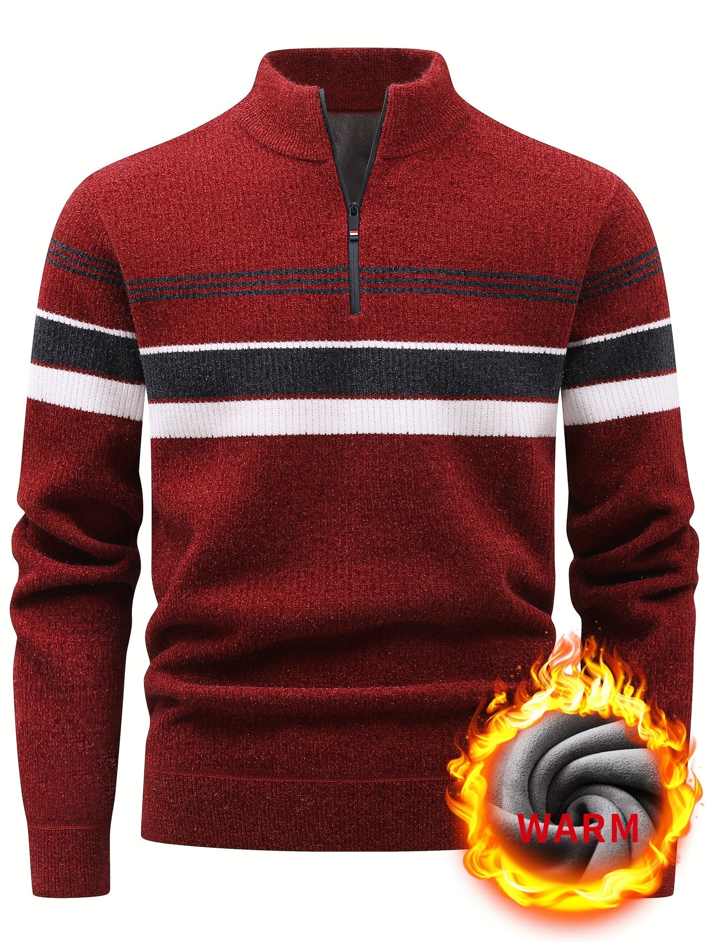 Pull Homme Col Montant Zippé Rayures Horizontales Beige Chaud