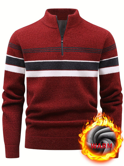 Pull Homme Col Montant Zippé Rayures Horizontales Beige Chaud