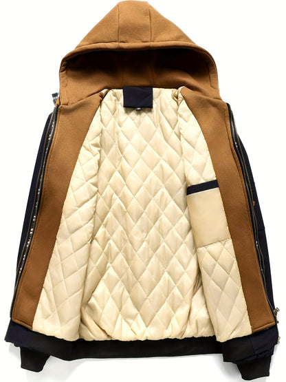 Veste homme style bombardier avec capuche et doublure matelassée amovible, beige