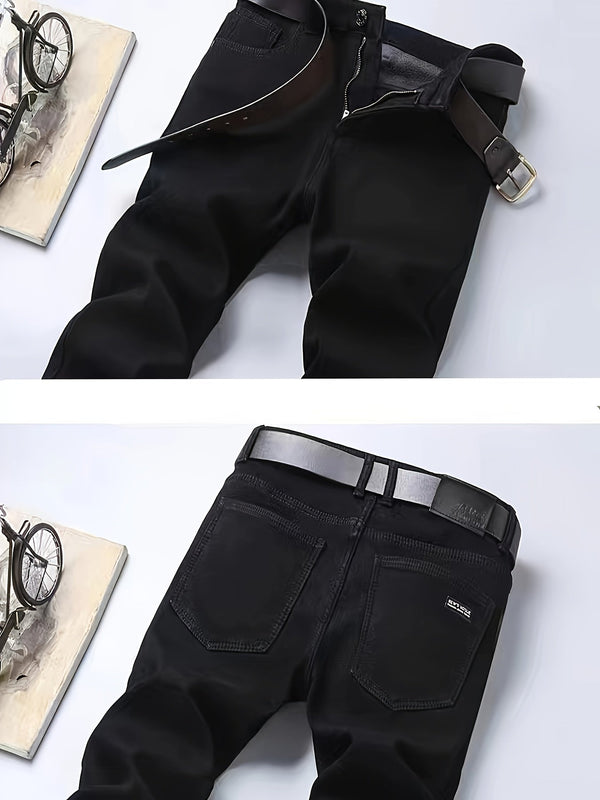 Schwarze Herrenhose mit geradem Schnitt, abnehmbarem Gürtel und lässigem Stil