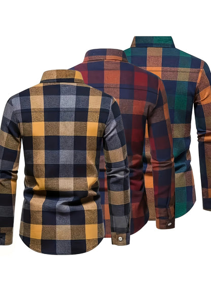 Chemise à Carreaux Homme Manches Longues à Col Classique et Poches Poitrine