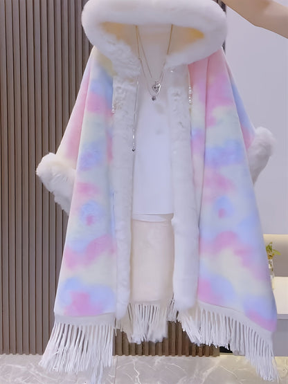 Cape à capuche arc-en-ciel en fausse fourrure douce avec franges et bordure pelucheuse
