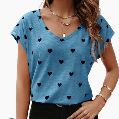 Elegant dam-T-shirt med hjärtmönster, V-ringning, somrig och chic stil