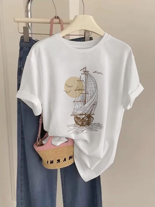 T-shirt décontracté femme motif bateau vintage style nautique aventure urbaine