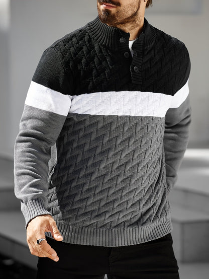 Pull homme tricoté à col montant boutonné rayé