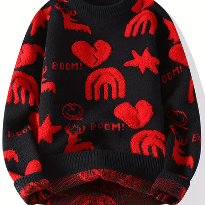 Pull tricoté col rond à motifs variés pour homme - Noir, Blanc ou Rouge
