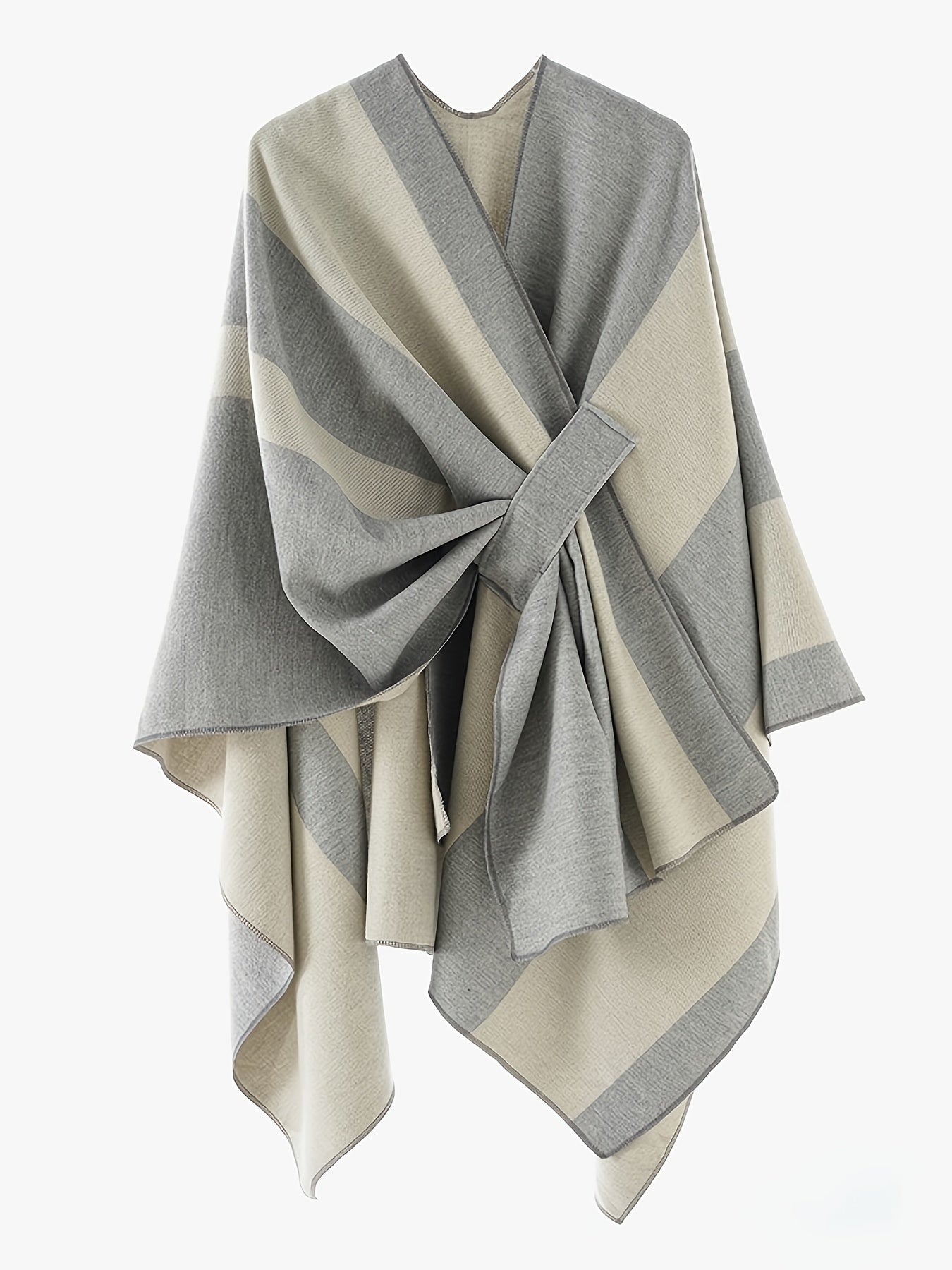 Poncho Cape Femme Rayé Bicolore avec Nœud Décoratif Doux