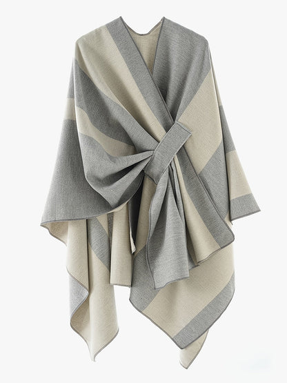 Poncho Cape Femme Rayé Bicolore avec Nœud Décoratif Doux