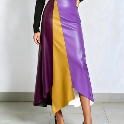 Jupe longue asymétrique femme à blocs de couleurs finition brillante