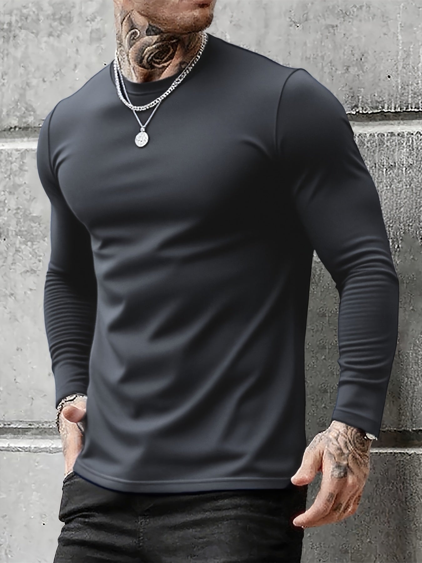 Lot de 3 T-shirts Homme Manches Longues Unis Cou Ras-du-cou Noir Gris Blanc