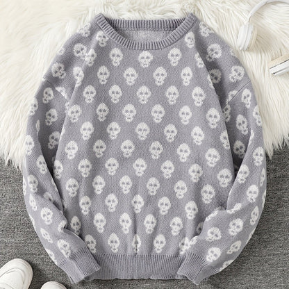 Pull col rond à motif têtes de mort en tricot doux