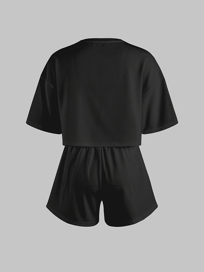Pyjama d'intérieur décontracté pour femme avec imprimé cœurs bleus – Ensemble short et t-shirt, style cosy pour la maison