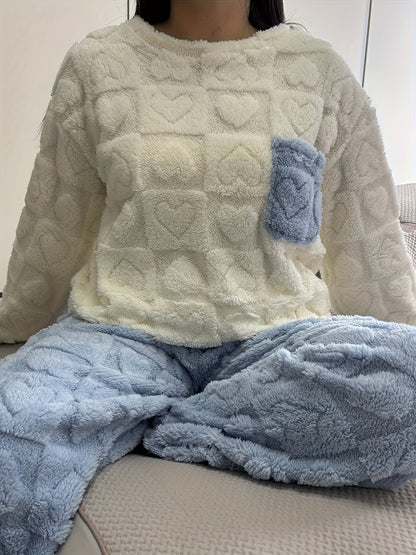 Pyjama Femme Doux Bicolore Motif Cœurs avec Poche Poitrine