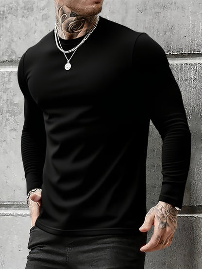 Lot de 3 T-shirts Homme Manches Longues Unis Cou Ras-du-cou Noir Gris Blanc