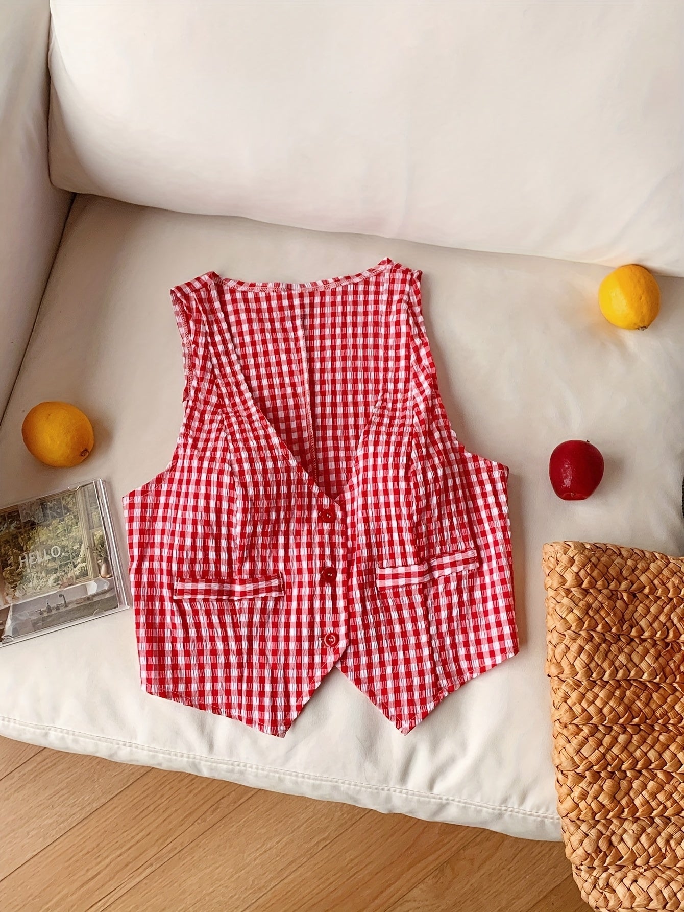 Gilet court à carreaux style élégant pour femme – Idéal printemps/été, sans manches, coupe ajustée