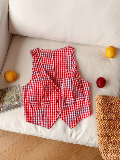 Gilet court à carreaux style élégant pour femme – Idéal printemps/été, sans manches, coupe ajustée