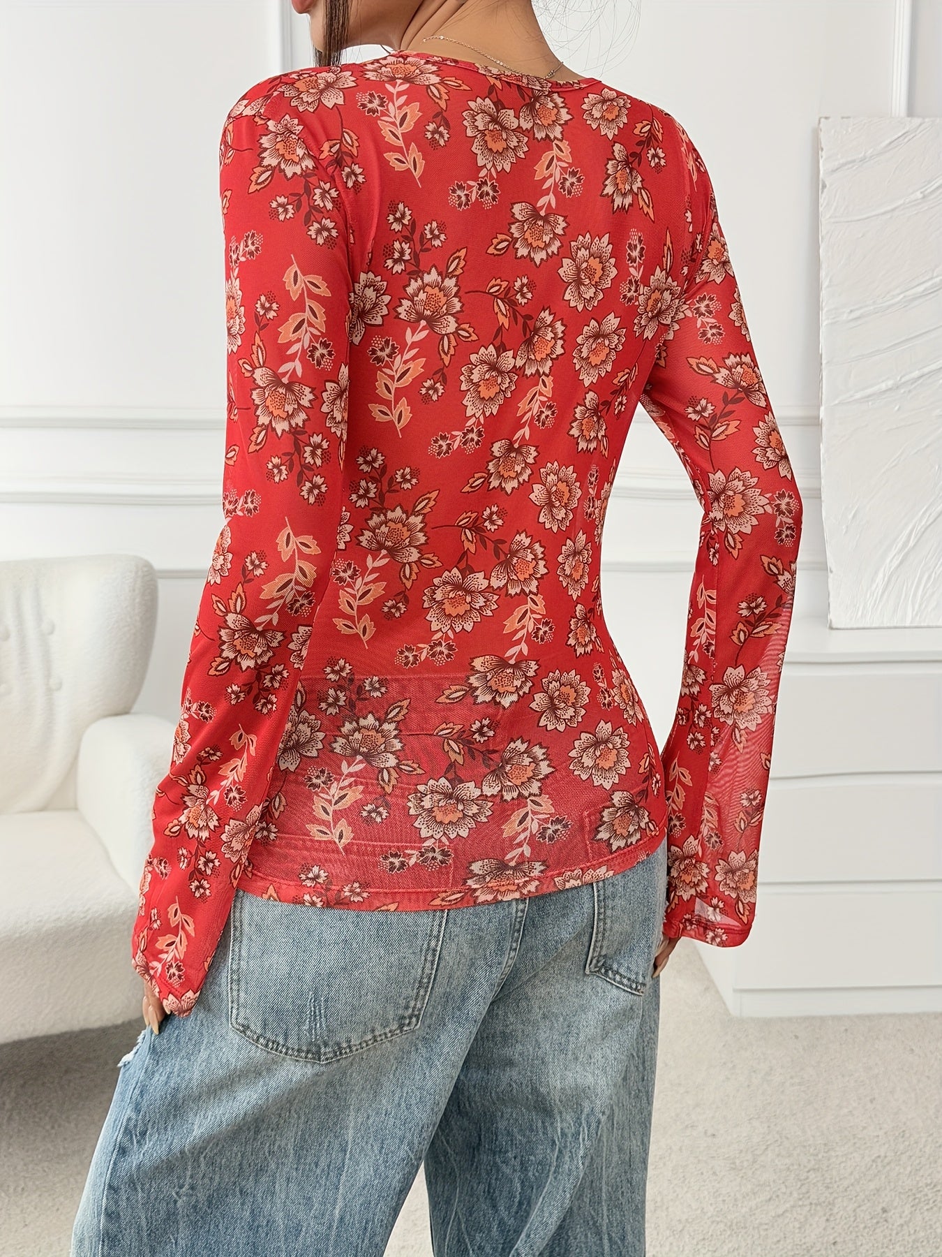 Camicia donna stile bohémien a fiori, taglio aderente, maniche lunghe, ideale primavera-estate