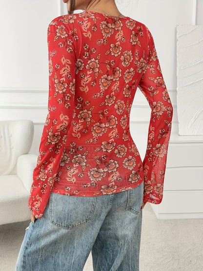 Camicia donna stile bohémien a fiori, taglio aderente, maniche lunghe, ideale primavera-estate