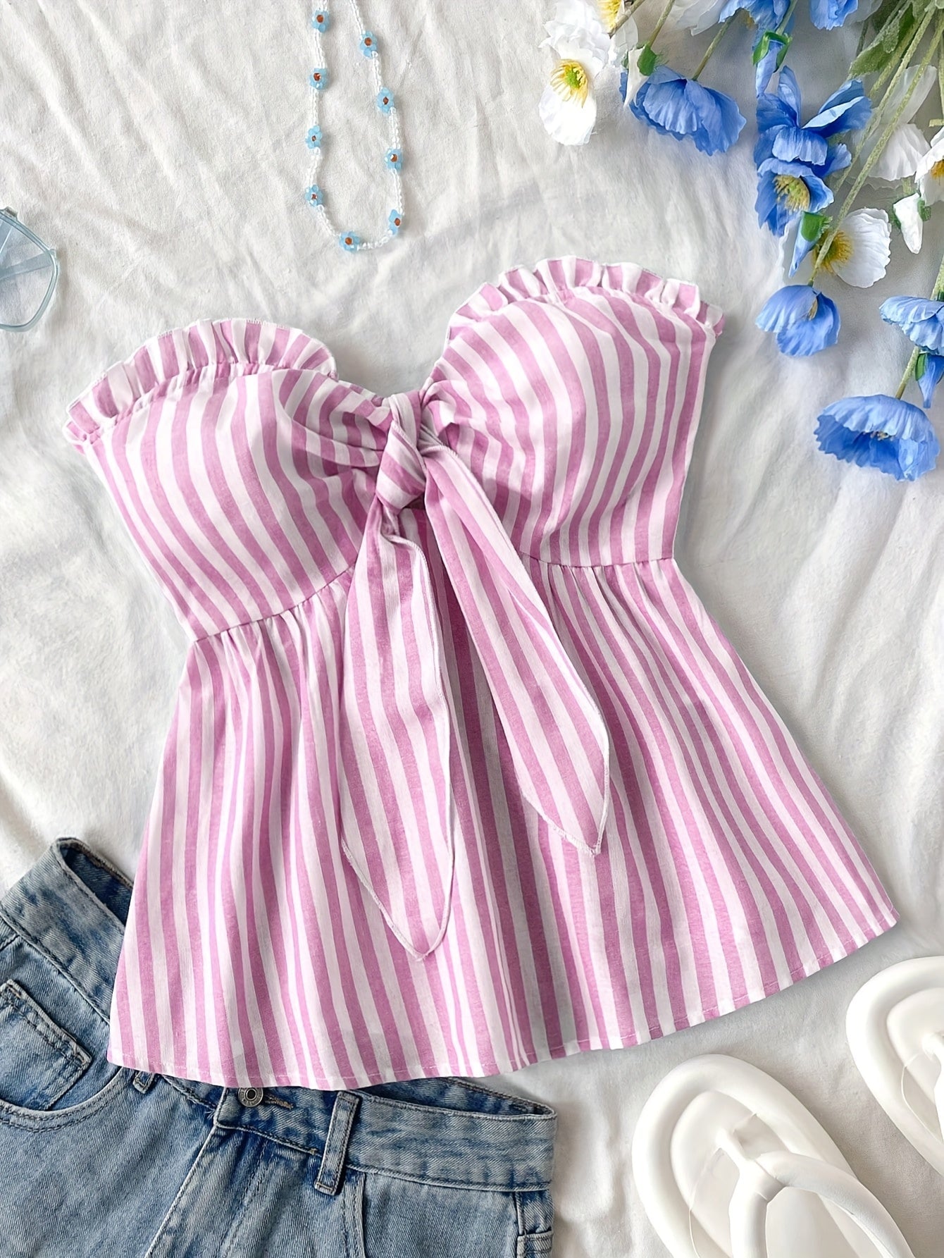 Striped tied-front bustier top casual style for women