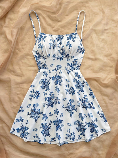Abito estivo femminile stile elegante a fiori, taglio a trapezio, uso quotidiano o occasione speciale