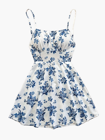 Abito estivo femminile stile elegante a fiori, taglio a trapezio, uso quotidiano o occasione speciale